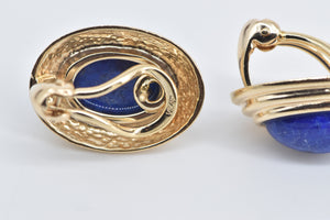 14K Oval Lapis Lazuli Cabochon Scalloped French Clip Earrings Yellow Gold