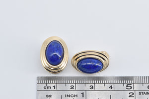 14K Oval Lapis Lazuli Cabochon Scalloped French Clip Earrings Yellow Gold