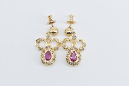 14K Pear Pink Sapphire Diamond Halo Dangle Earrings Yellow Gold