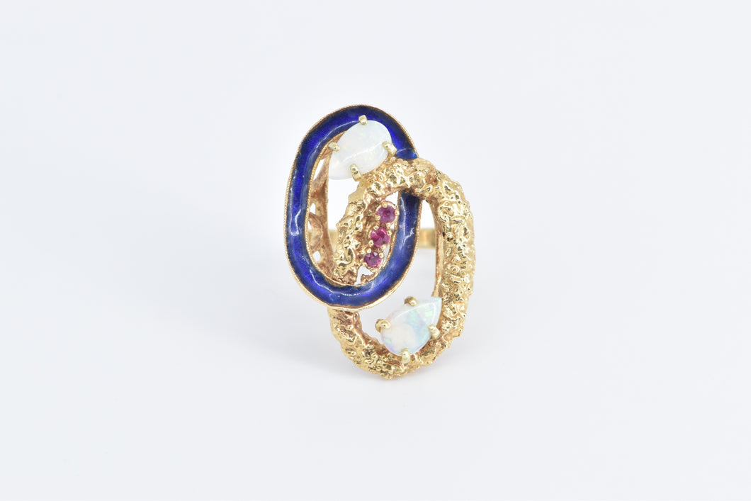 18K Natural Opal Ruby Blue Enamel Nugget Ovals Ring Yellow Gold