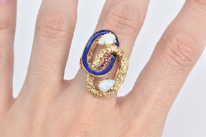 18K Natural Opal Ruby Blue Enamel Nugget Ovals Ring Yellow Gold