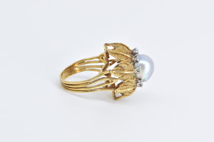 18K 1960's Blue Pearl Diamond Leaf Halo Cocktail Ring Yellow Gold