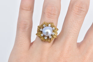 18K 1960's Blue Pearl Diamond Leaf Halo Cocktail Ring Yellow Gold