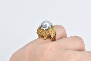 18K 1960's Blue Pearl Diamond Leaf Halo Cocktail Ring Yellow Gold