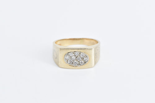 14K Oval Diamond Pave Cluster Squared Band Ring Yellow Gold