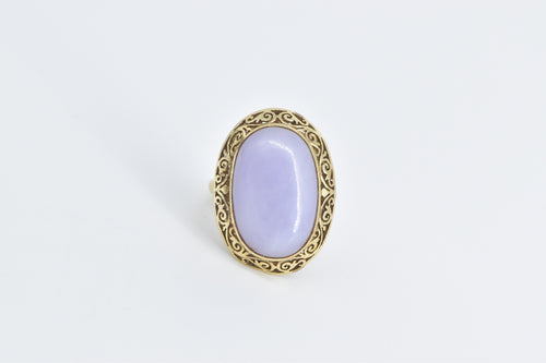 10K Elaborate Filigree Oval Lilac Jade Cabochon Ring Yellow Gold