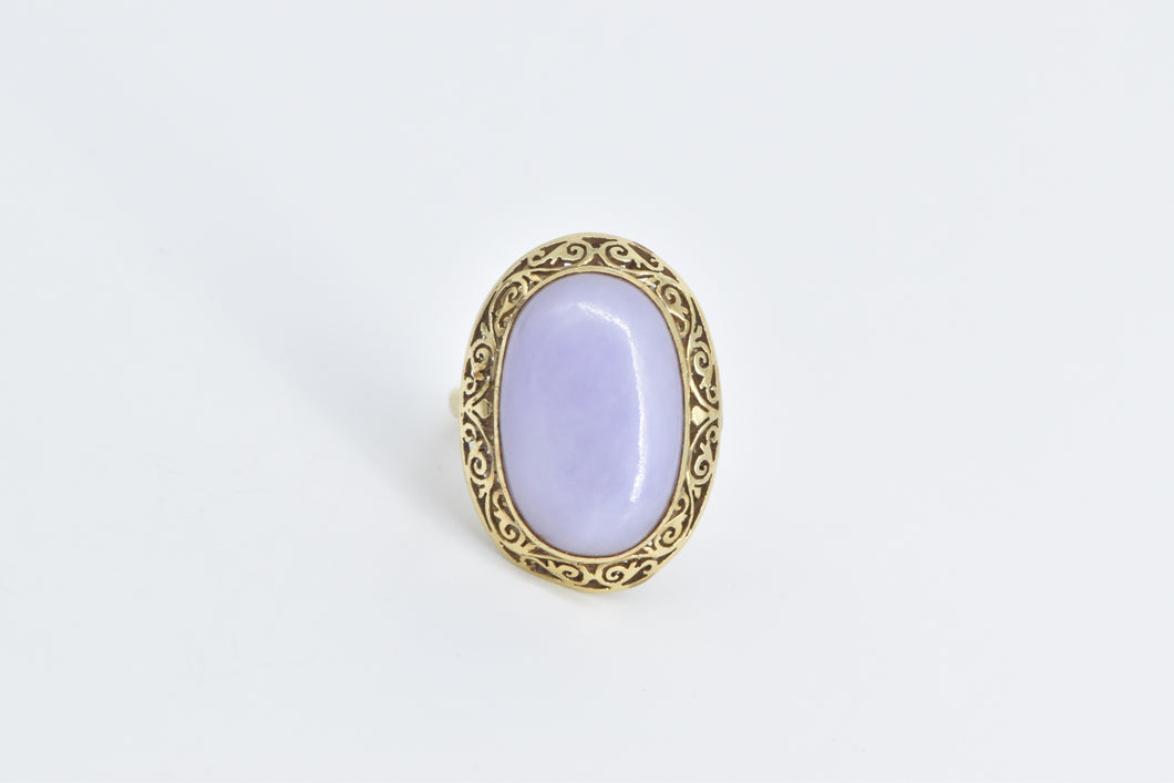10K Elaborate Filigree Oval Lilac Jade Cabochon Ring Yellow Gold