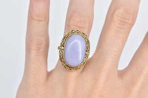 10K Elaborate Filigree Oval Lilac Jade Cabochon Ring Yellow Gold