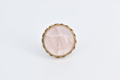 14K Round Rose Quartz Cabochon Ornate Cocktail Ring Yellow Gold