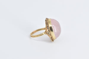 14K Round Rose Quartz Cabochon Ornate Cocktail Ring Yellow Gold