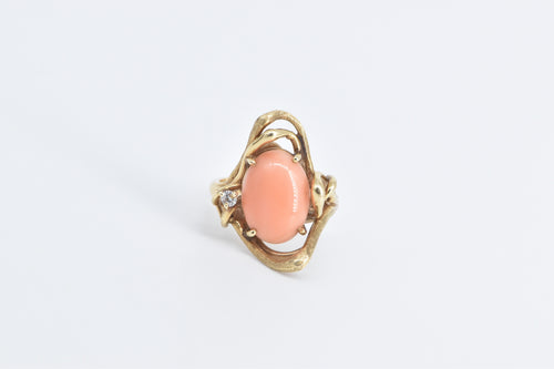 14K Art Nouveau Oval Coral Diamond Freeform Ring Yellow Gold