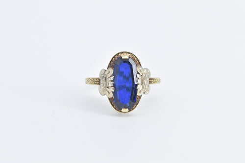 14K Art Deco Syn. Sapphire Ornate Two Tone Ring Yellow Gold