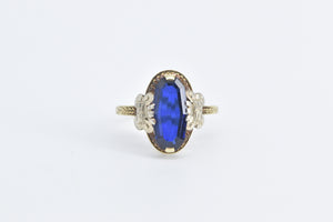 14K Art Deco Syn. Sapphire Ornate Two Tone Ring Yellow Gold