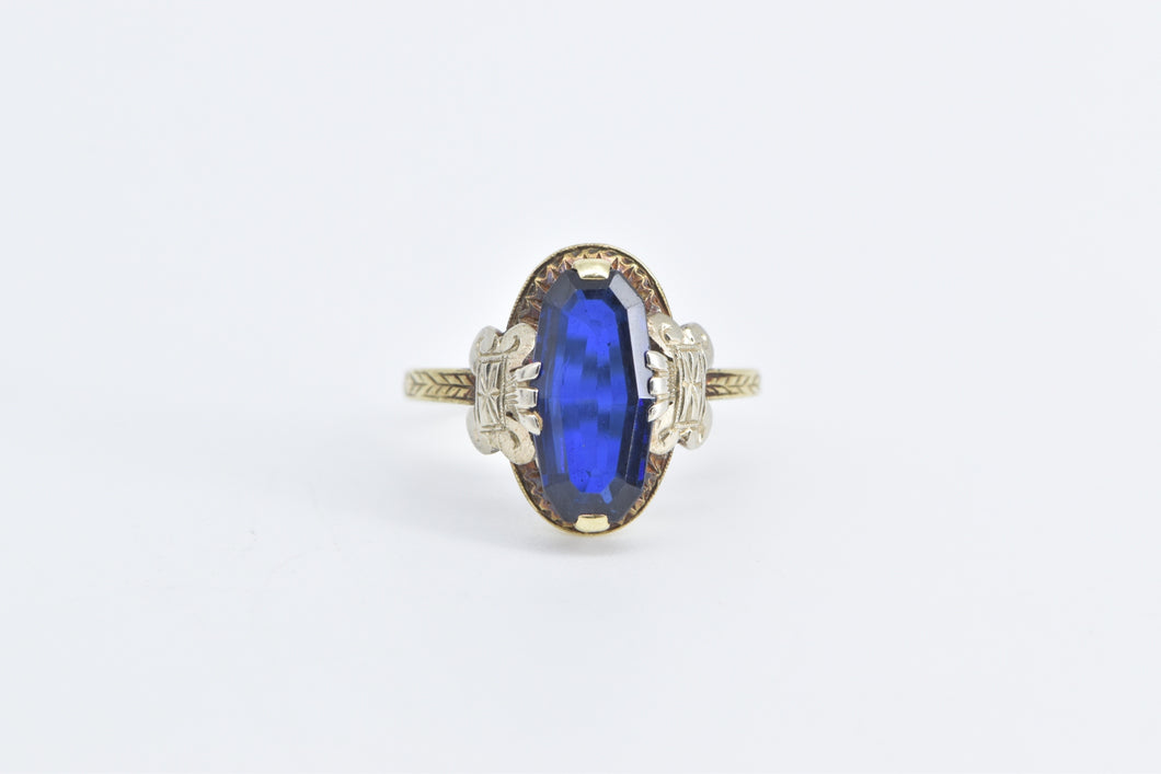 14K Art Deco Syn. Sapphire Ornate Two Tone Ring Yellow Gold