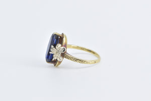 14K Art Deco Syn. Sapphire Ornate Two Tone Ring Yellow Gold