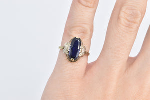 14K Art Deco Syn. Sapphire Ornate Two Tone Ring Yellow Gold