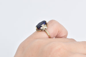 14K Art Deco Syn. Sapphire Ornate Two Tone Ring Yellow Gold