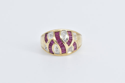 14K Baguette Ruby Diamond Domed Statement Ring Yellow Gold