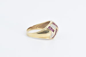 14K Baguette Ruby Diamond Domed Statement Ring Yellow Gold