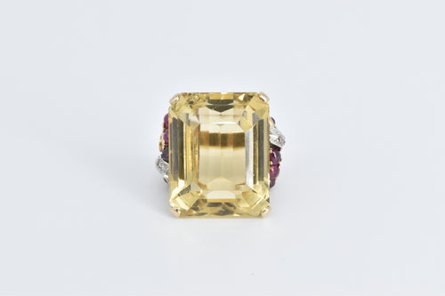 14K Emerald Cut Citrine Diamond Ruby Cocktail Ring Yellow Gold