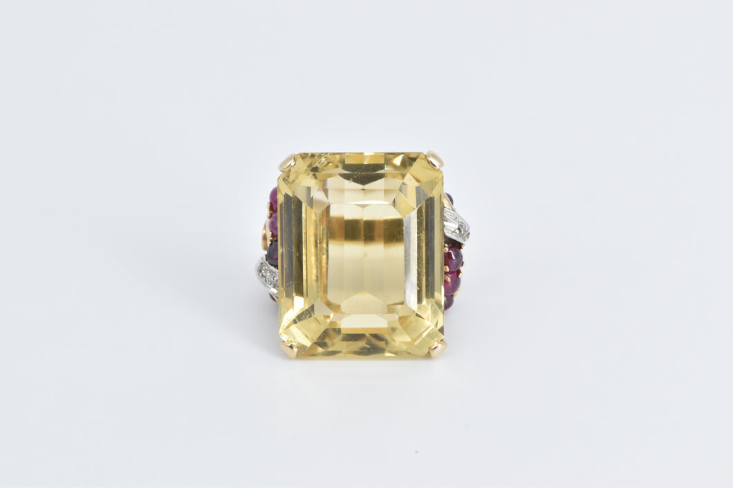 14K Emerald Cut Citrine Diamond Ruby Cocktail Ring Yellow Gold