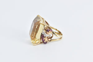 14K Emerald Cut Citrine Diamond Ruby Cocktail Ring Yellow Gold