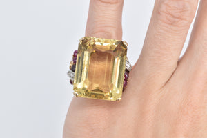 14K Emerald Cut Citrine Diamond Ruby Cocktail Ring Yellow Gold