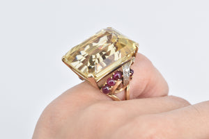 14K Emerald Cut Citrine Diamond Ruby Cocktail Ring Yellow Gold