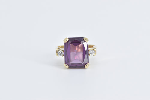 14K Emerald Cut Amethyst Diamond Accent Cocktail Ring Yellow Gold