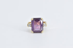 14K Emerald Cut Amethyst Diamond Accent Cocktail Ring Yellow Gold