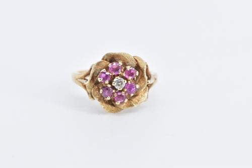 14K Vintage Rose Ruby Diamond Cluster Flower Ring Yellow Gold