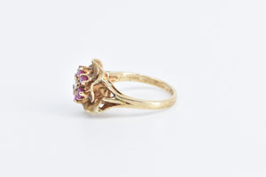 14K Vintage Rose Ruby Diamond Cluster Flower Ring Yellow Gold