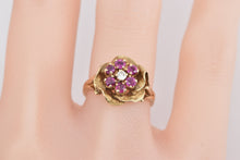 Load image into Gallery viewer, 14K Vintage Rose Ruby Diamond Cluster Flower Ring Yellow Gold