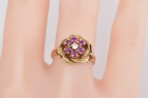 14K Vintage Rose Ruby Diamond Cluster Flower Ring Yellow Gold