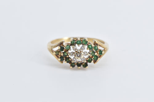 14K Diamond Round Cluster Emerald Statement Ring Yellow Gold