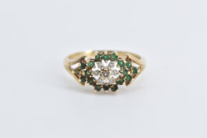 14K Diamond Round Cluster Emerald Statement Ring Yellow Gold