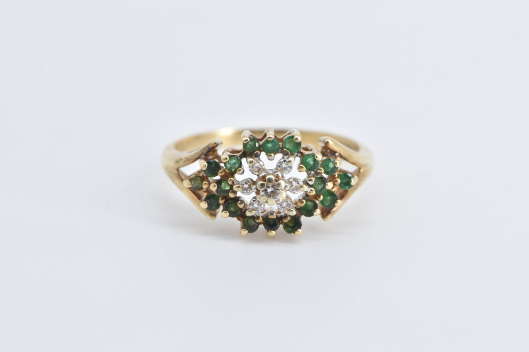 14K Diamond Round Cluster Emerald Statement Ring Yellow Gold