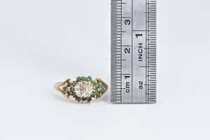 14K Diamond Round Cluster Emerald Statement Ring Yellow Gold