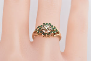 14K Diamond Round Cluster Emerald Statement Ring Yellow Gold