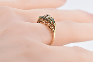 14K Diamond Round Cluster Emerald Statement Ring Yellow Gold