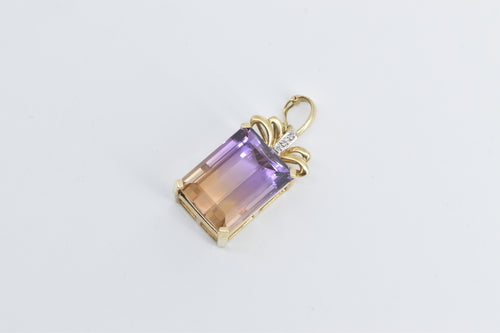 14K Emerald Cut Ametrine Diamond Ornate Vintage Pendant Yellow Gold