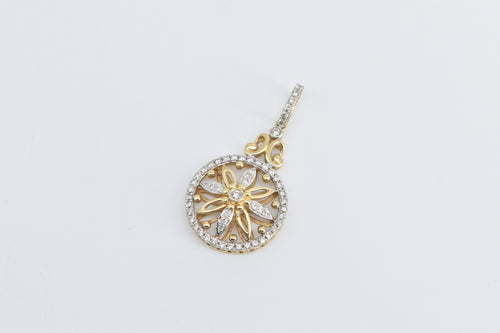 14K Round Diamond Flower Filigree Compass Pendant Yellow Gold