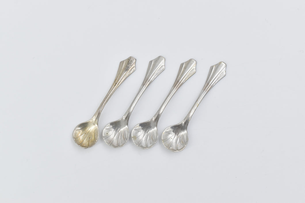 Sterling Silver Ornate Scallops Shell Salt Cellar Sugar Spoon 4 pcs
