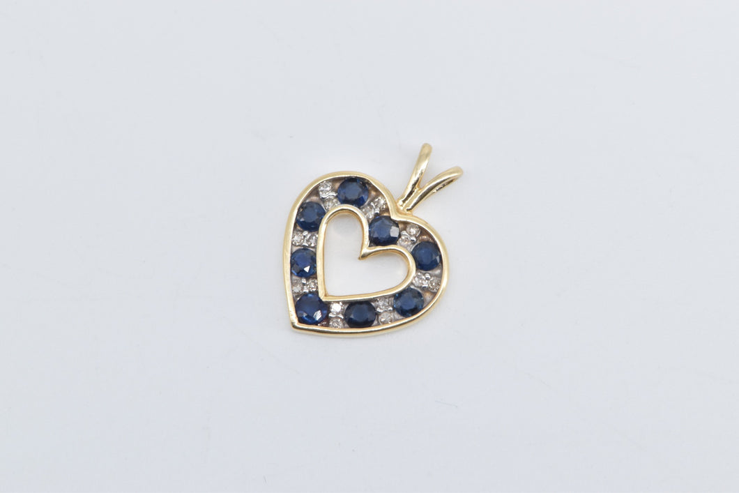 14K Diamond Sapphire Heart Love Symbol Pendant Yellow Gold