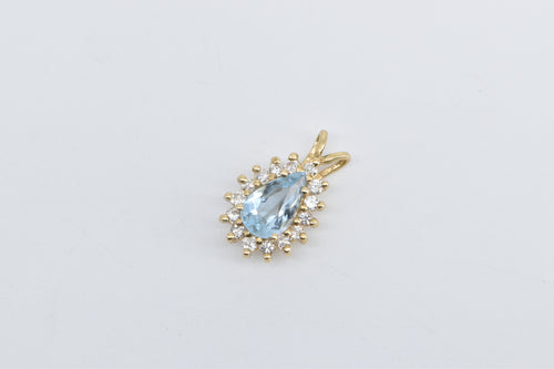 14K Pear Blue Topaz Diamond Halo Vintage Pendant Yellow Gold