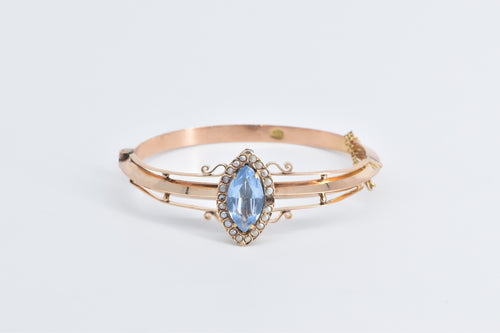 14K Victorian Blue Topaz Seed Pearl Bangle Bracelet 7