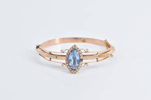 14K Victorian Blue Topaz Seed Pearl Bangle Bracelet 7" Rose Gold