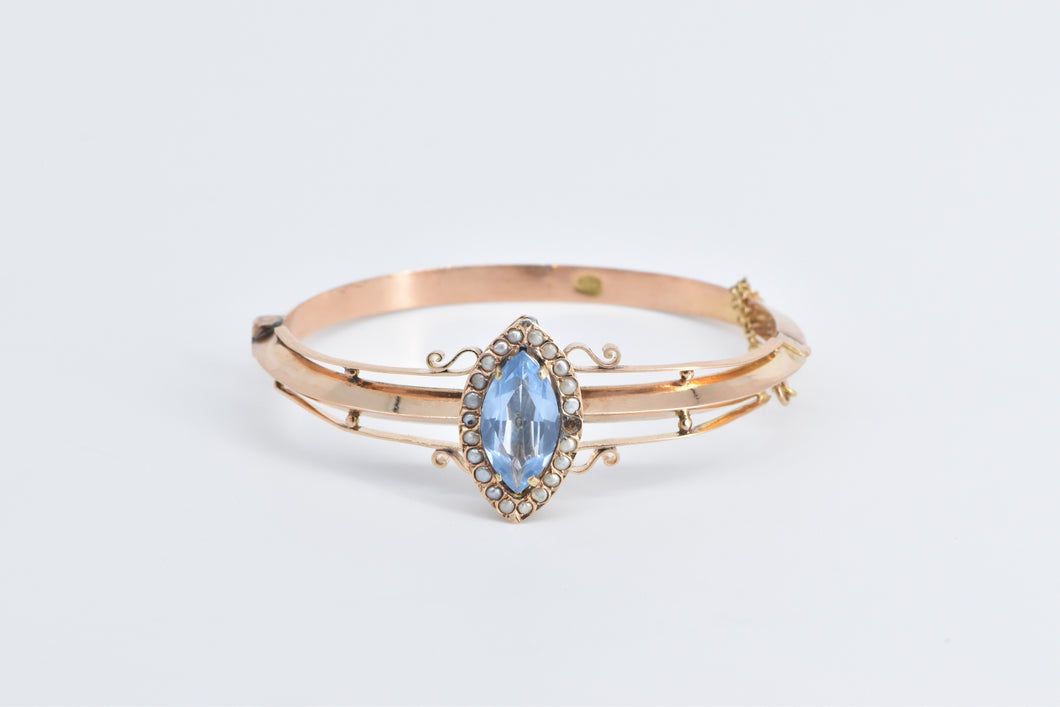 14K Victorian Blue Topaz Seed Pearl Bangle Bracelet 7