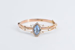 14K Victorian Blue Topaz Seed Pearl Bangle Bracelet 7" Rose Gold