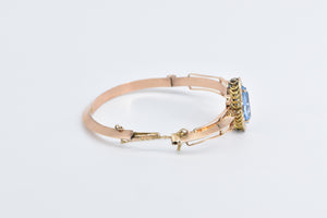 14K Victorian Blue Topaz Seed Pearl Bangle Bracelet 7" Rose Gold